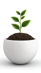 Environment & Sustainability Illustration Isolated on White Background New Growth: Fresh Green Plant Emerging from Soil in Modern White Pot