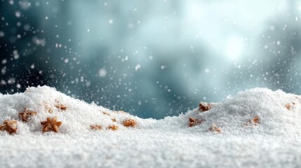 A tranquil winter landscape featuring a sprinkle of snow over gingerbread cookies, evoking feelings of nostalgia and warmth during the holiday season, amidst falling snowflakes.