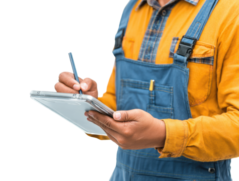 Worker in blue overalls taking notes on a digital tablet