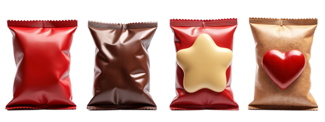 A set of four different colored chocolate bags with a heart on them.