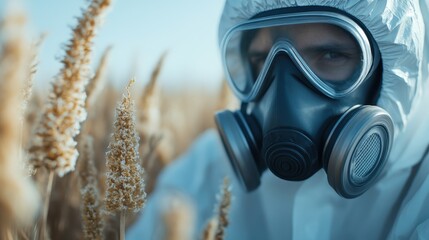 A masked agricultural worker investigates a field of golden grains, emphasizing the importance of safety and environmental awareness in the agricultural industry and sustainable practices.