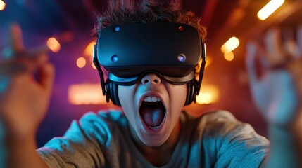 An excited gamer wearing VR glasses screams in thrill, showcasing the immersive experience and emotional engagement that virtual reality brings to gaming and interactive entertainment.