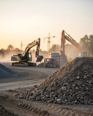 Construction site with excavators, piles of gravel, and cranes during sunset, industrial work and earthmoving equipment.