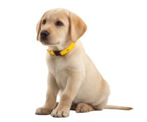 Cute Labrador puppy with yellow collar sitting calmly indoors