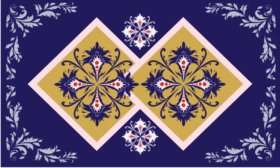 Ornamental damask tile pattern in navy, mustard, and pink tones with floral flourishes, perfect for classic wallpapers, textile prints, tablecloths, and luxury home decor backgrounds.