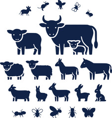 Farm Animal  Insect Silhouettes Icon Set Agriculture Nature Vector Graphics