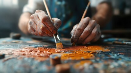 Close-up of a painter's hands skillfully applying vibrant colors on canvas, highlighting the artistic process, creativity, and the passion behind creating beautiful artwork.