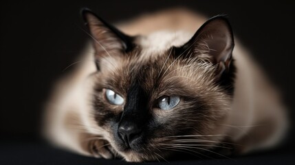 A close-up of a Siamese cat with striking blue eyes and a calm demeanor, lying gracefully against a dark backdrop, showcasing its elegant features and charm.