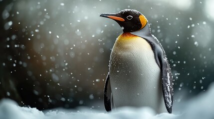 A majestic emperor penguin stands in gentle snowfall, with its striking orange markings contrasting beautifully against its black and white feathers in a serene setting.