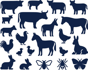 Farm Animal  Insect Silhouettes Icon Set Agriculture Nature Vector Graphics
