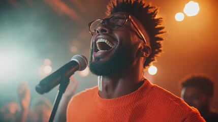 An enthusiastic singer passionately engages with the audience while performing on stage, showcasing raw emotion and energy amidst vivid lighting and vibrant surroundings.