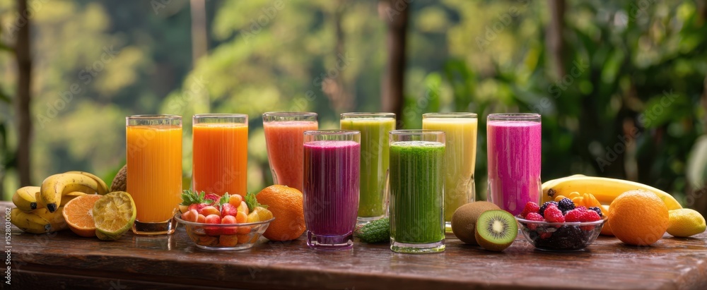 Poster the vibrant array of refreshing fruit smoothies displayed in nature.