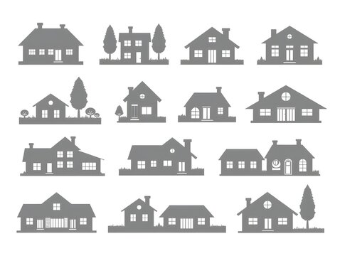 Collection of black silhouette house icons representing real estate property and home ownership