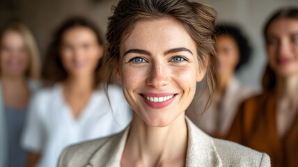 Obraz premium Smiling professional woman with diverse colleagues. A picture of team spirit, leadership, and workplace diversity and inclusion. 
