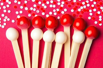 Red and white matchsticks on pink surface with sprinkles