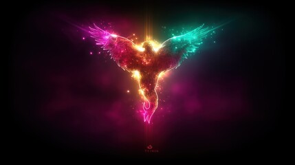 Phoenix rising from colorful flames spreading its wings in a dark sky