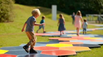 An educational setup in a park with children playing on energyharvesting tiles demonstrating how movement can be converted to energy while fostering awareness of renewable technologies.