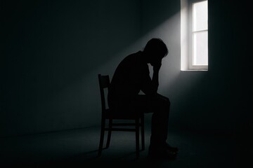 PTSD Awareness Day concept. Silhouette Man in Isolation. Depressed man sitting in dark room with light from window, symbolic loneliness and anxiety.