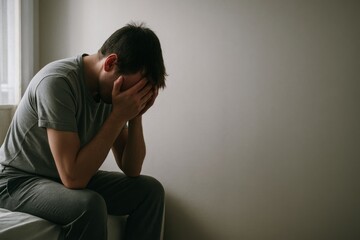 PTSD Awareness Day concept. Man Sitting Head in Hands. Person experiencing mental distress, sitting on bed in despair, morning light, personal trauma.