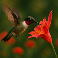 Naklejka premium Hummingbird hovering in front of red flower, wings spread wide, beak extended towards flower.