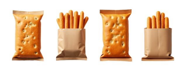 A set of four brown paper bags filled with bread sticks.