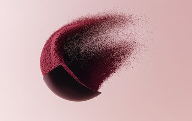 Exploding sphere of dark red powder, cut in half, on light background