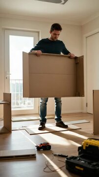 Man assembling flatpack furniture in new apartment. Person carefully holds large cardboard piece. New home setup includes assembling flatpack furniture.  Image ideal for home improvement blogs 