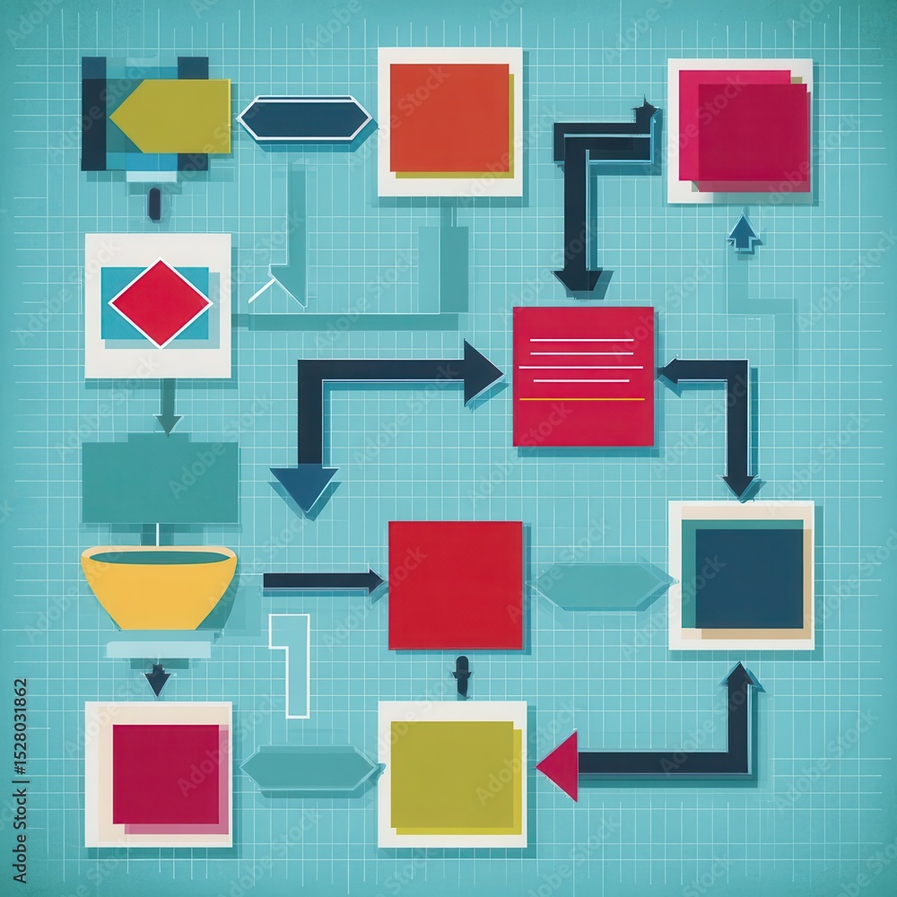 Poster colorful process flow chart on a grid background.