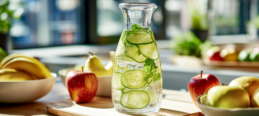 Refreshing Infused Water: A carafe of cucumber and mint infused water on a sunny table with fresh fruit is a delightful and healthy beverage.