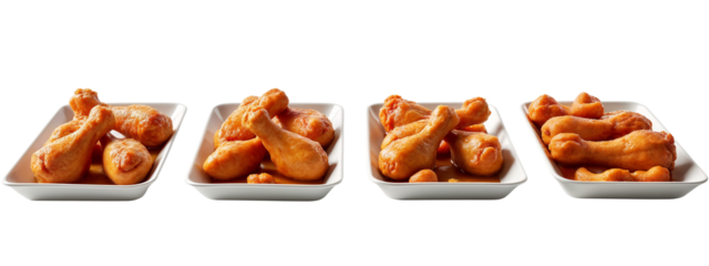 A set of three white plates filled with fried chicken wings.