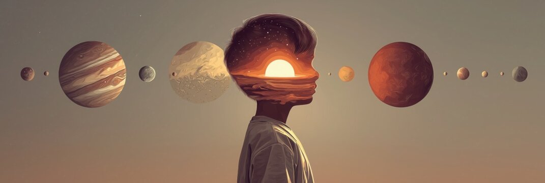 Young person embracing universe and planets: exploring imagination and wonder