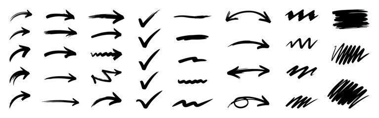 Hand drawn doodle design elements. Arrow, check mark, underline.