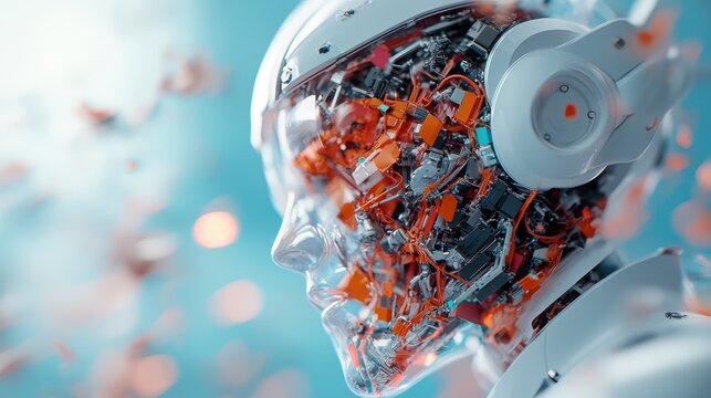 A stunning representation of a futuristic robot head revealing complex internal circuitry, merging technology and artistry in a compelling image that sparks curiosity about AI.