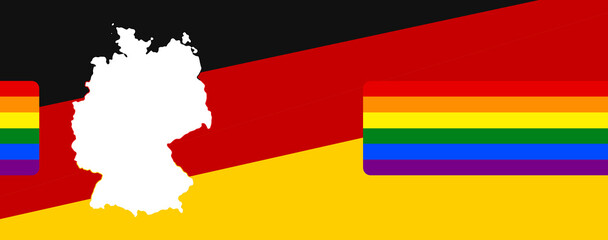 simplified shape of the map of Germany over german colors background with stripes of Gay Pride Flag LGBTQ+ Six-stripe version