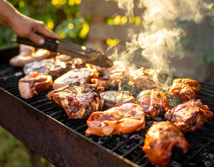 Traditional cuisine meat grill outdoors with smoke rising creates warm inviting scene bar-b-q meat grill food smoke grilling