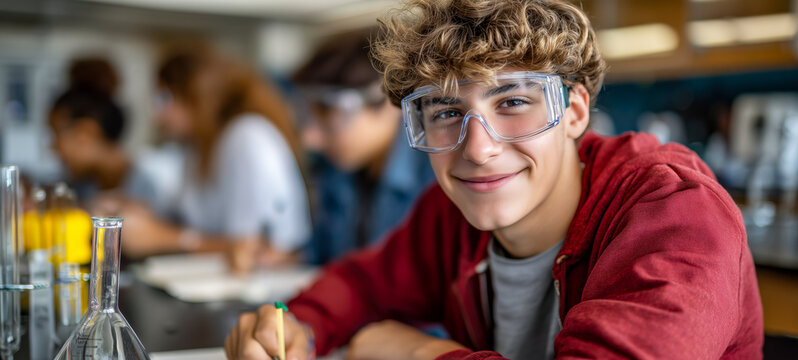 Smiling student in safety goggles during science class. Focus on education, safety, and laboratory experiments.