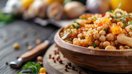 A vibrant bowl of grain salad filled with colorful vegetables, herbs, and spices, presenting a healthy meal choice that emphasizes nutrition and culinary creativity.