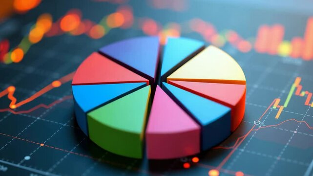 A colorful 3D pie chart sits atop a background of glowing financial graphs and market data.