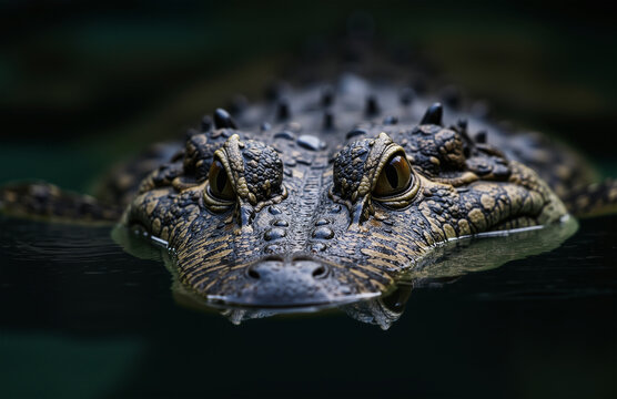 Close-up of crocodile head with textured skin in calm water.