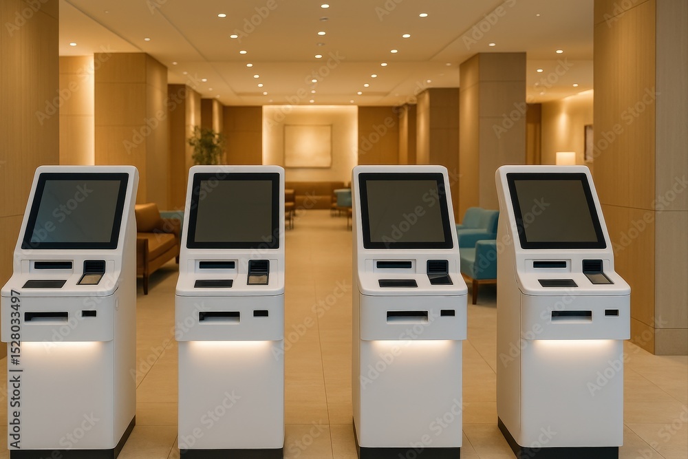 Aufkleber row of modern atms in indoor setting, each with screen and keypad.