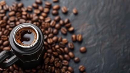 A steaming cup of rich, freshly brewed coffee surrounded by roasted coffee beans, ideal for coffee lovers who appreciate a daily dose of warmth and energy.