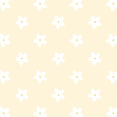 Cute Simple White Flower Seamless Pattern on Light Cream Background.