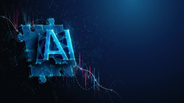 Lowpoly AI Puzzle Over Stock Market Crash Chart. Animation loop depicting decline in artificial intelligence technology industry. Animated concept of downturn in prices of AI tech shares
