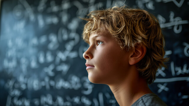 Thoughtful boy with wavy blond hair looks upwards in front of a chalkboard covered with mathematical symbols and equations.