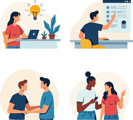 Set of black vector silhouette icons depicting business people working in an office with computers