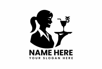 Obraz premium Minimalist black vector illustration of cheerful waitress carrying cocktail tray for hospitality industry 