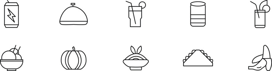 Fototapeta premium Collection of Line Art Food and Drink Icons Energy Drinks, Cocktails, Dishes, and More. Perfect for Menus, Websites, and Applications.