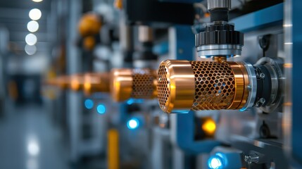 Fototapeta premium A detailed view of modern industrial equipment featuring copper elements and blue highlights, showcasing the intersection of technology and design in manufacturing.