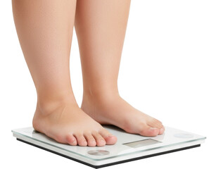 Close-up of bare feet standing on a digital bathroom scale, showing a person checking their body weight, commonly associated with health, fitness, or dieting themes. Transparent background