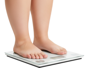 Close-up of bare feet standing on a digital bathroom scale, showing a person checking their body weight, commonly associated with health, fitness, or dieting themes. Transparent background